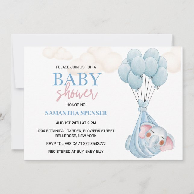 Invitación a Baby Shower De Elefantes Y Globos Azu (Anverso)