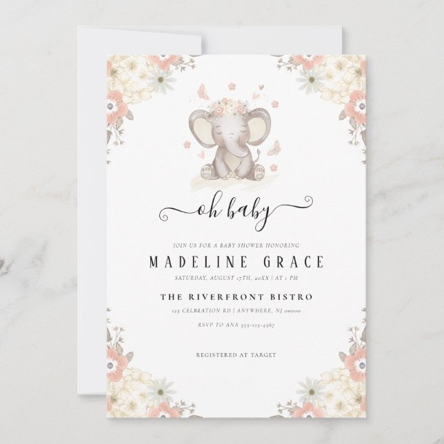 Invitación a Baby Shower de Elephant Baby Girl (Anverso)