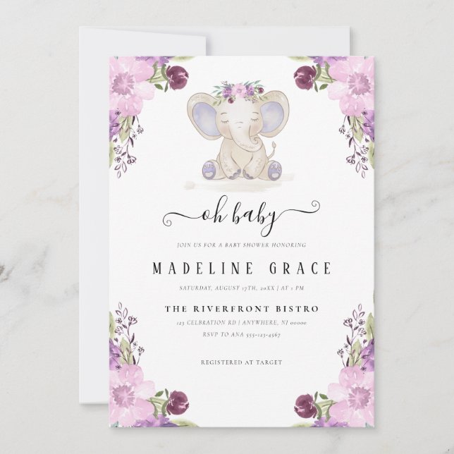 Invitación a Baby Shower de Elephant Baby Girl (Anverso)