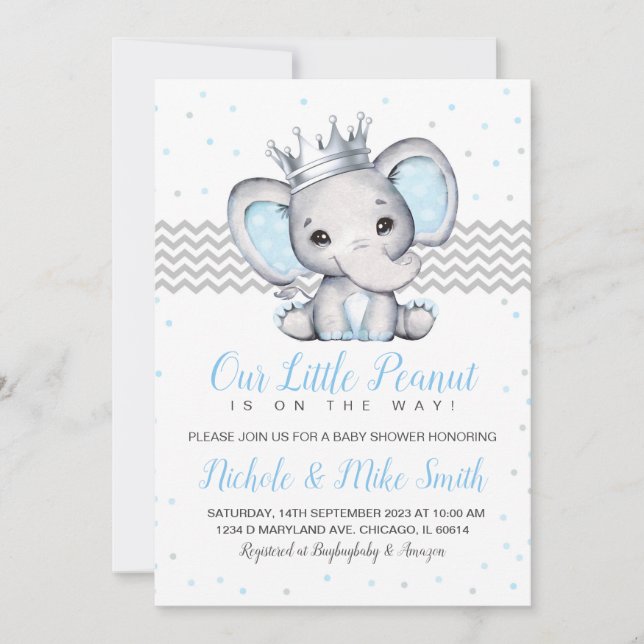 Invitación a Baby Shower de Elephant Blue Boy (Anverso)
