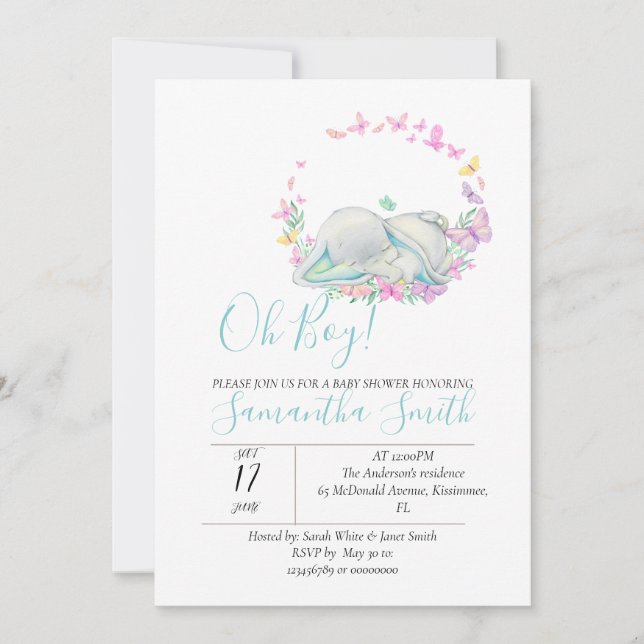 Invitación a Baby Shower de Elephant Blue Butterfl (Anverso)