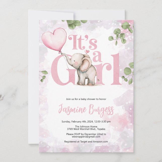 Invitación a Baby Shower de Elephant Chica (Anverso)