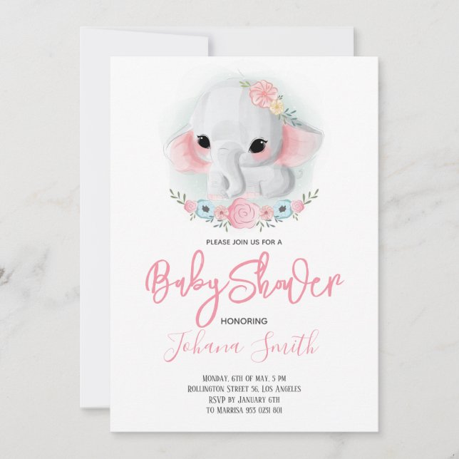 Invitación a Baby Shower de Elephant chica Floral (Anverso)