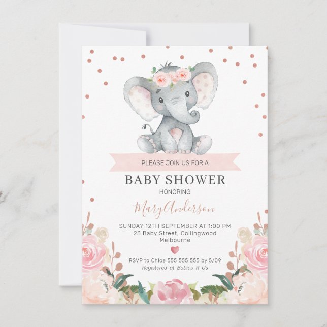 Invitación a Baby Shower de Elephant Chica Floral  (Anverso)