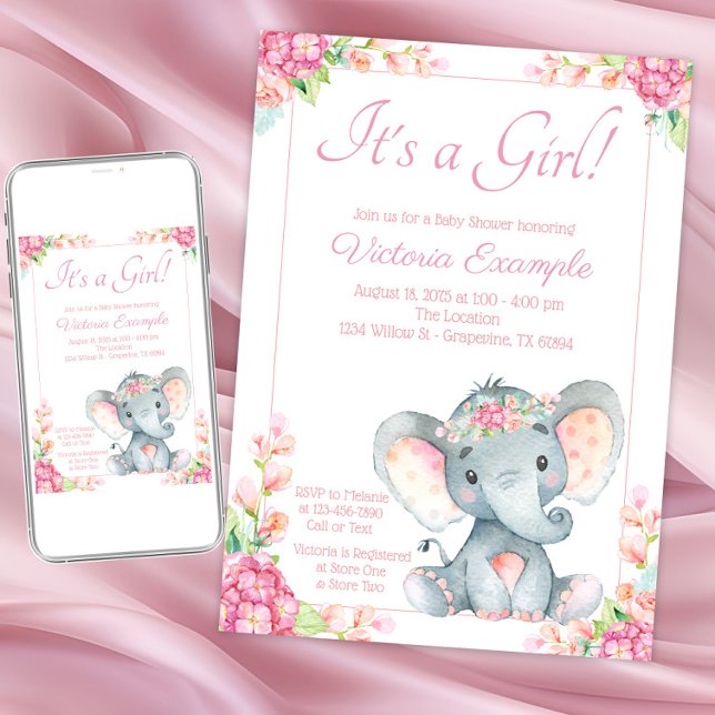 Invitación a Baby Shower de Elephant Chica Floral  (Girl elephant baby shower invitation. Instant download and printed invitations available.)