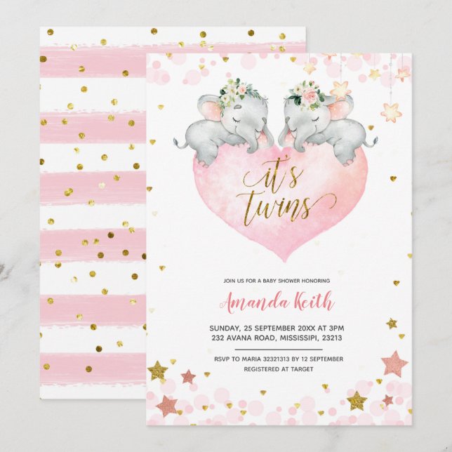 Invitación a Baby Shower de Elephant Chicas Twins (Anverso / Reverso)