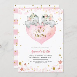 Invitación a Baby Shower de Elephant Chicas Twins
