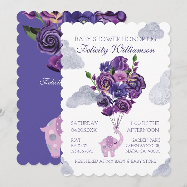 Invitación a Baby Shower de Elephant Floral Balloo (Anverso / Reverso)