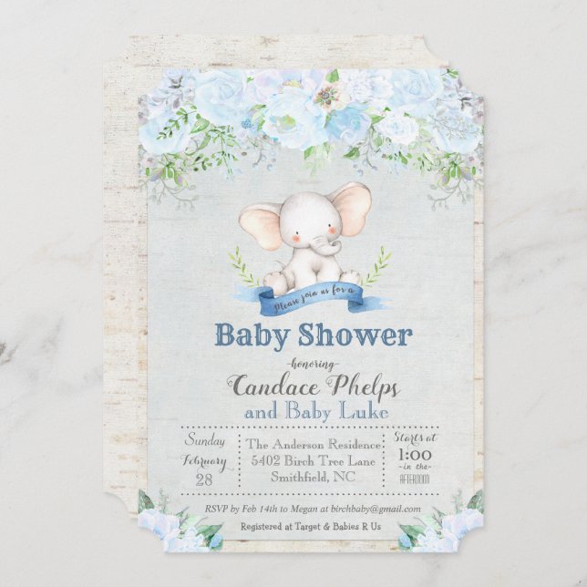 Invitación a Baby Shower de Elephant Floral Boy (Anverso / Reverso)