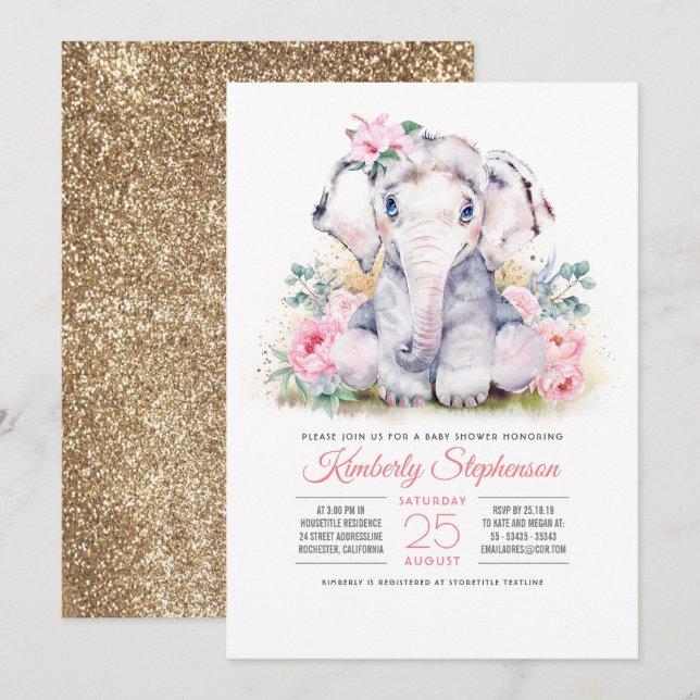 Invitación a Baby Shower de Elephant Floral para c (Anverso / Reverso)