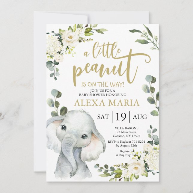 Invitación a Baby Shower de Elephant Greenery Pean (Anverso)