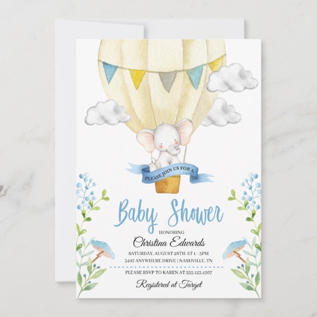 Invitación a Baby Shower de Elephant Hot Air Ballo (Anverso)