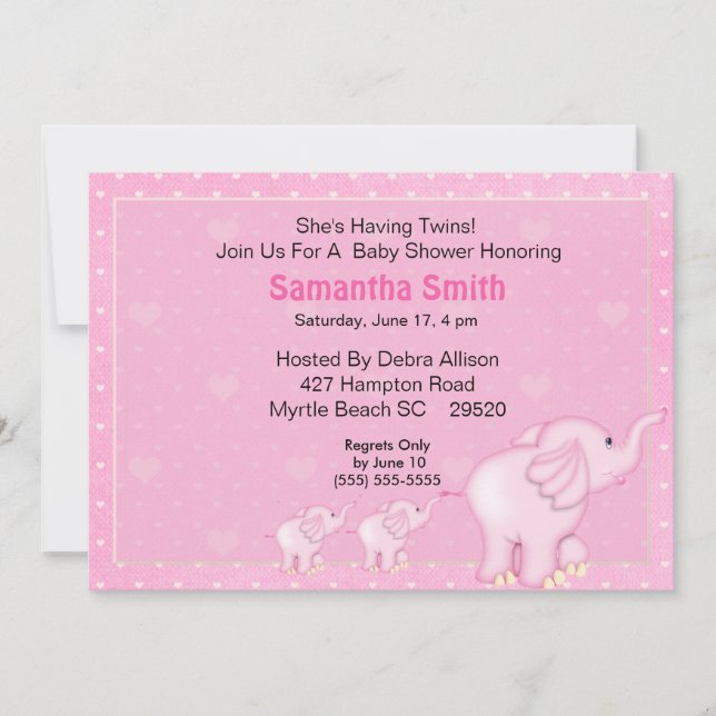 Invitación a Baby Shower de Elephant Mom y Twins (Anverso)