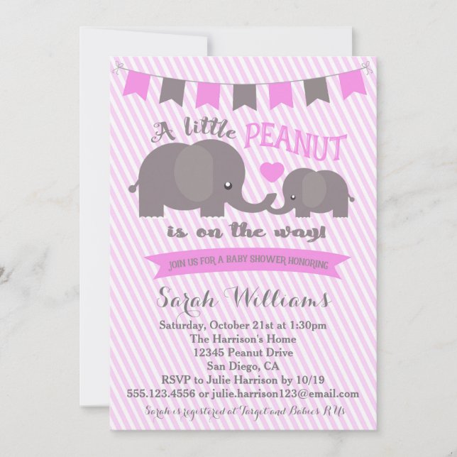 Invitación a Baby Shower de Elephant Peanut Chica  (Anverso)