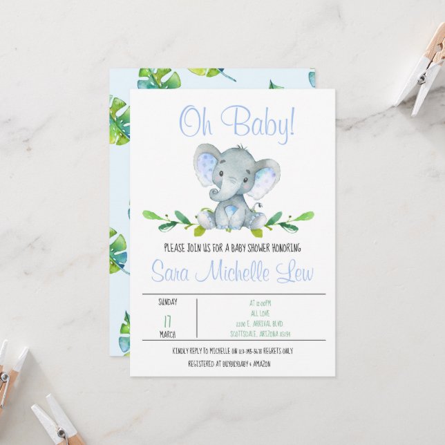 Invitación a Baby Shower de Elephant Watercolor de (Anverso/Reverso In Situ)