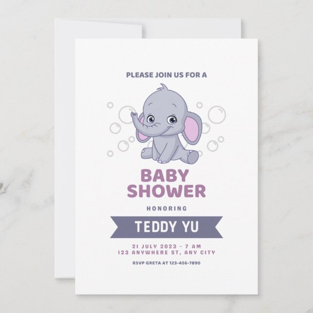 Invitación a Baby Shower de Elephant Watercolor de (Anverso)