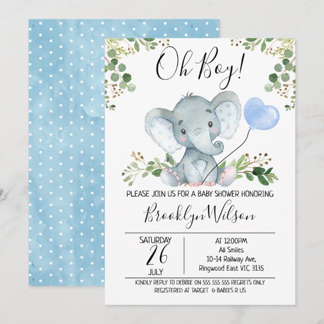 Invitación a Baby Shower de Elephant Watercolor de (Anverso / Reverso)