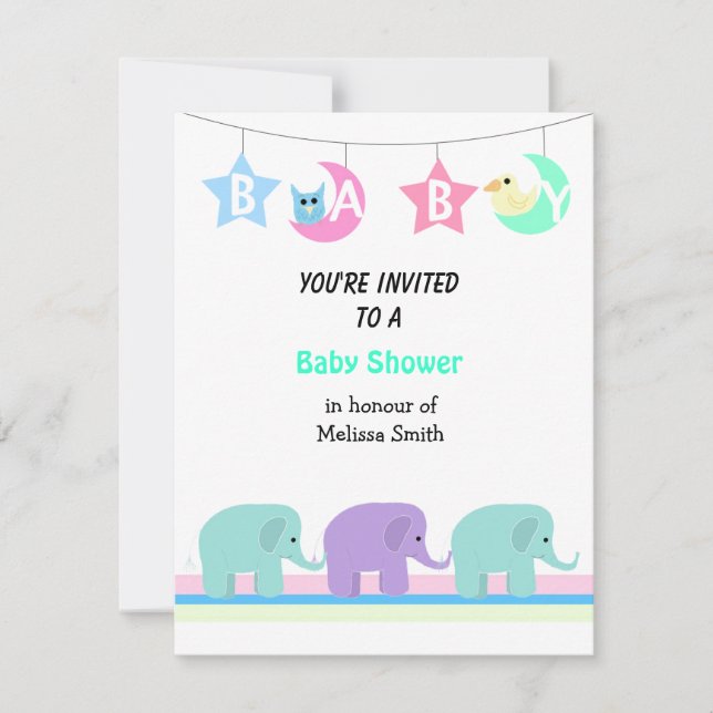 Invitación a Baby Shower de Elephants Moon and Sta (Anverso)