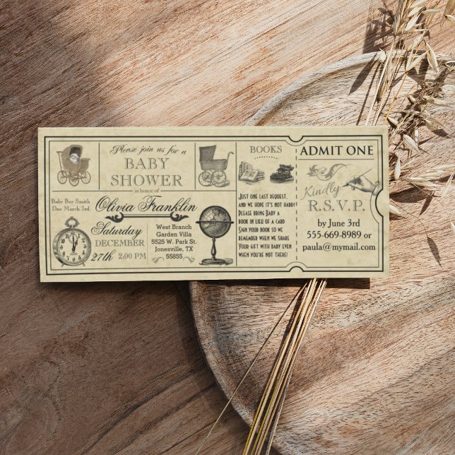 Invitación a Baby Shower de entradas antiguas (Vintage ticket wedding invitation with globe carriage clock)