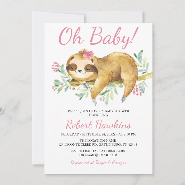 Invitación a Baby Shower de eslogan floral rosa (Anverso)