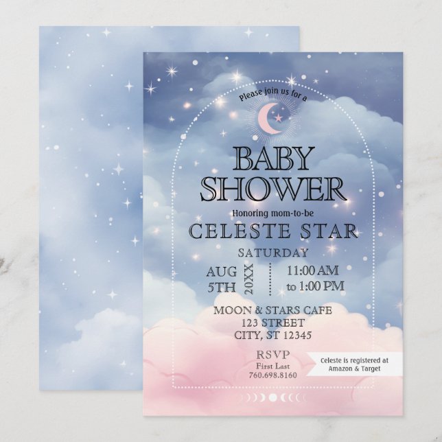Invitación a Baby Shower de Estrellas Celestes (Anverso / Reverso)