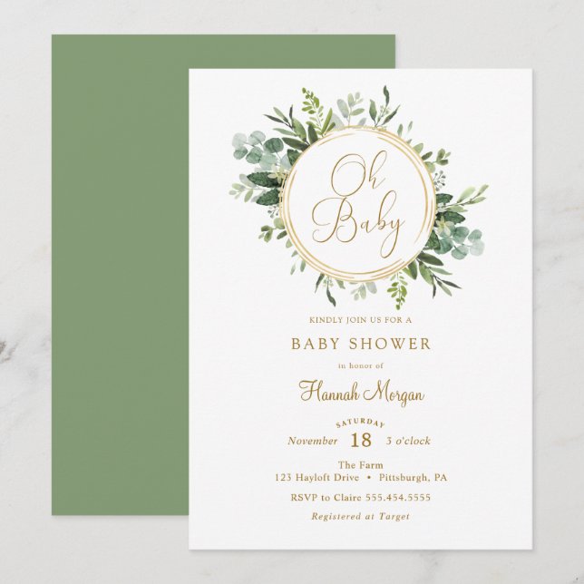 Invitación a Baby Shower de Eucalyptus Gold (Anverso / Reverso)