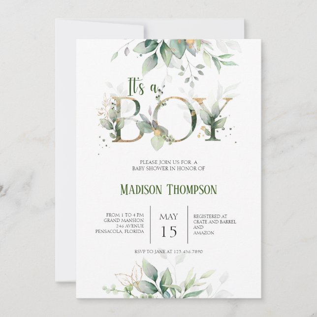 Invitación a Baby Shower de Eucalyptus Greenery (Anverso)