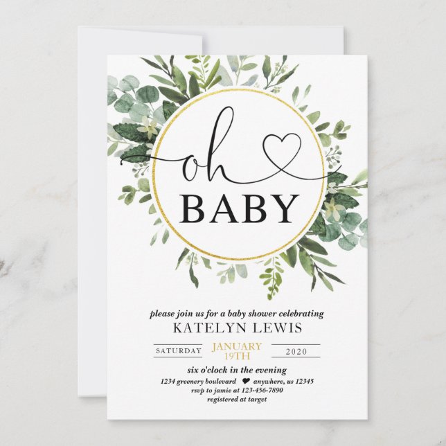 Invitación a Baby Shower de Eucalyptus Greenery (Anverso)
