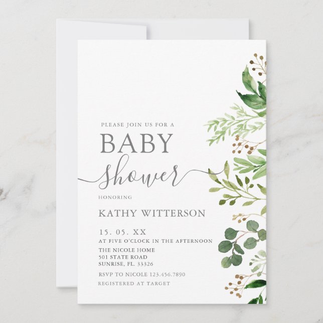 Invitación a Baby Shower de Eucalyptus Greenery (Anverso)