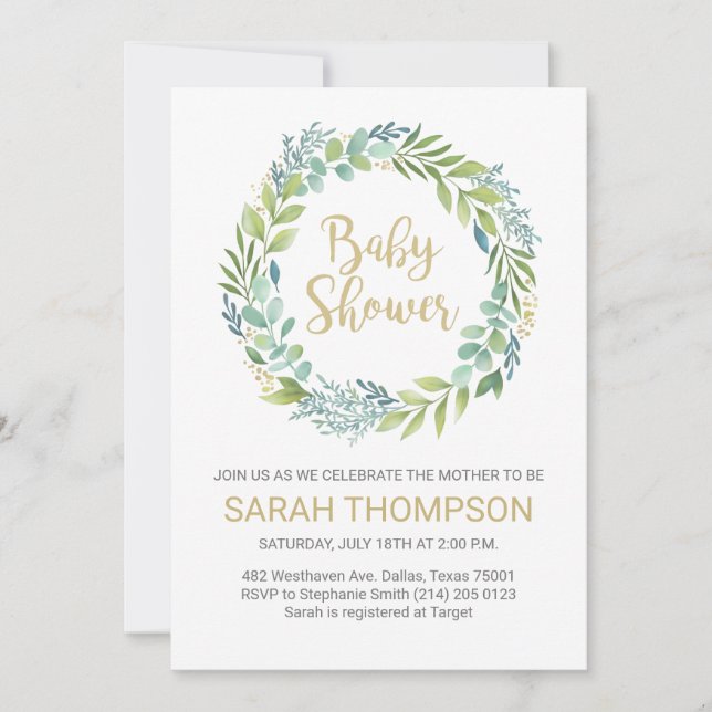 Invitación a Baby Shower de Eucalyptus Greenery (Anverso)
