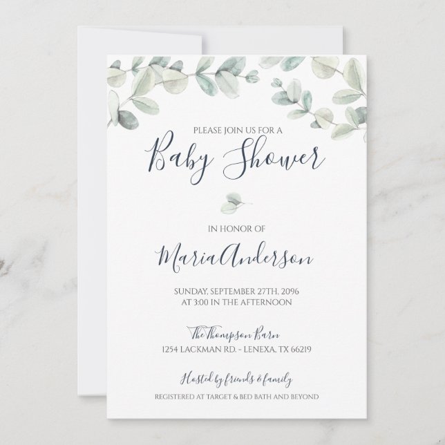 Invitación a Baby Shower de Eucalyptus Watercolor (Anverso)