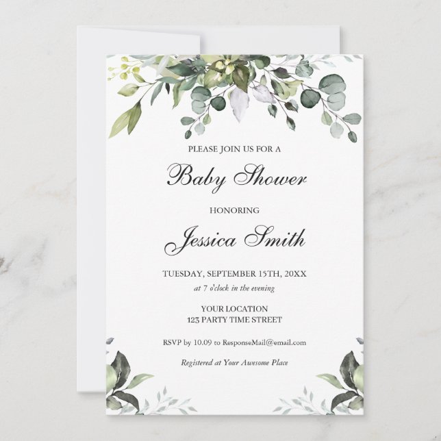Invitación a Baby Shower de Eucalyptus Watercolor (Anverso)