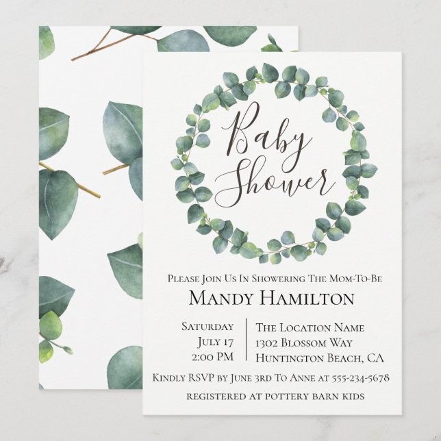Invitación a Baby Shower de Eucalyptus Wreath (Anverso / Reverso)