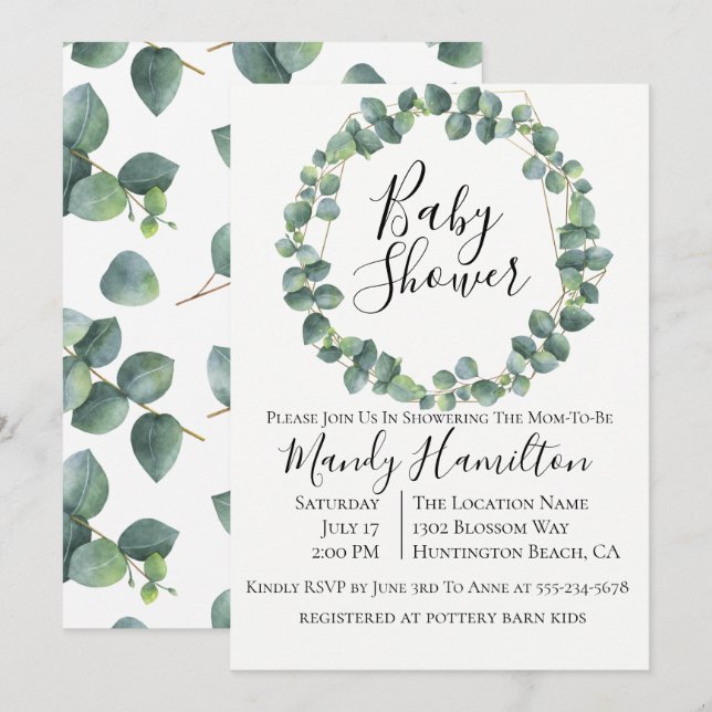 Invitación a Baby Shower de Eucalyptus Wreath (Anverso / Reverso)