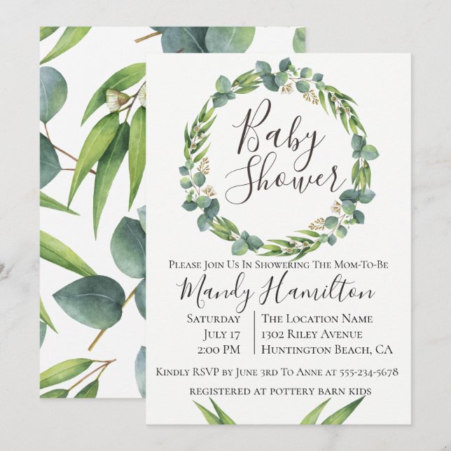 Invitación a Baby Shower de Eucalyptus Wreath (Anverso / Reverso)