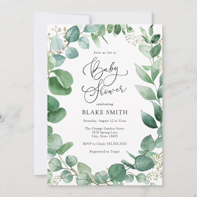 Invitación a Baby Shower de Eucalyptus y Greenery (Anverso)