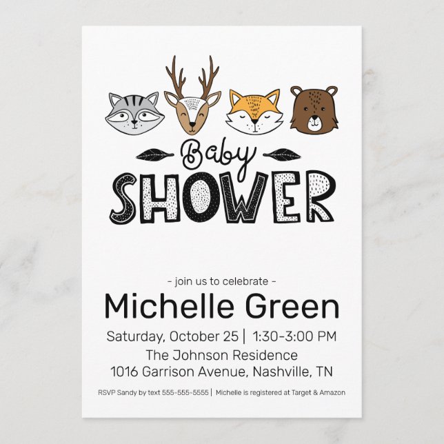 Invitación a Baby Shower de Fall Doodle Animals (Anverso)