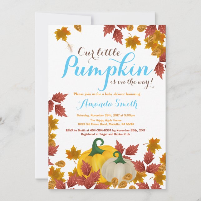 Invitación a Baby Shower de Fall Pumpkin Blue Boy (Anverso)