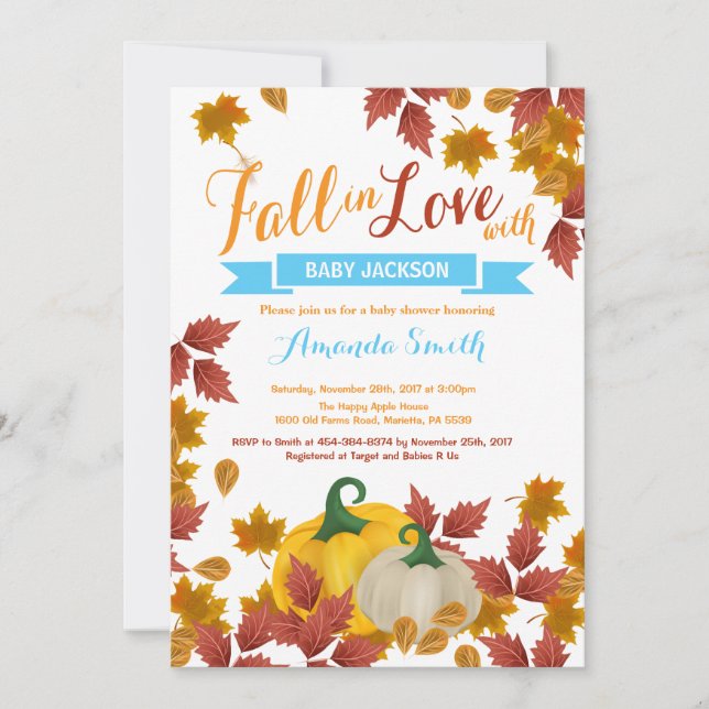 Invitación a Baby Shower de Fall Pumpkin Blue Boy (Anverso)