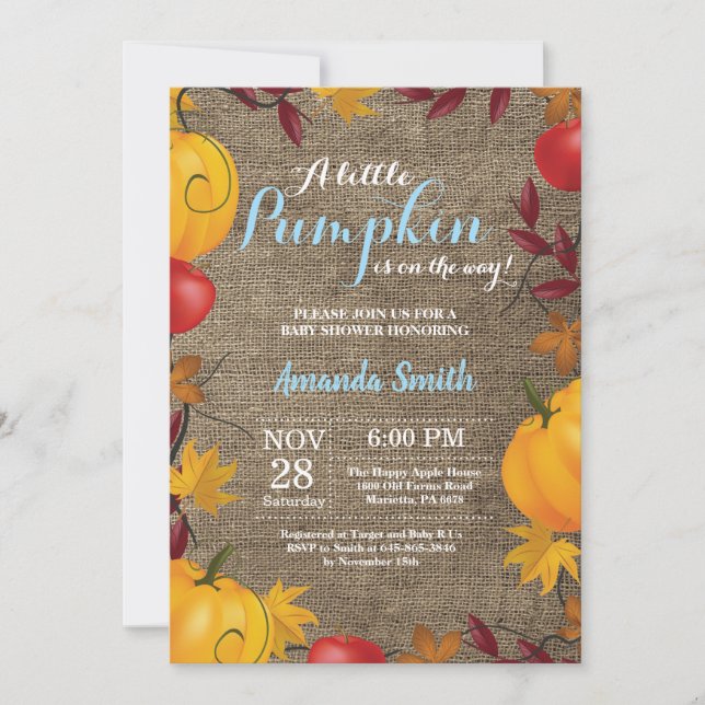 Invitación a Baby Shower de Fall Pumpkin Burlap Bo (Anverso)
