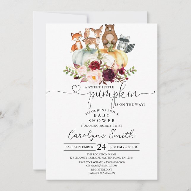 Invitación a Baby Shower de Fall Pumpkin Woodland (Anverso)