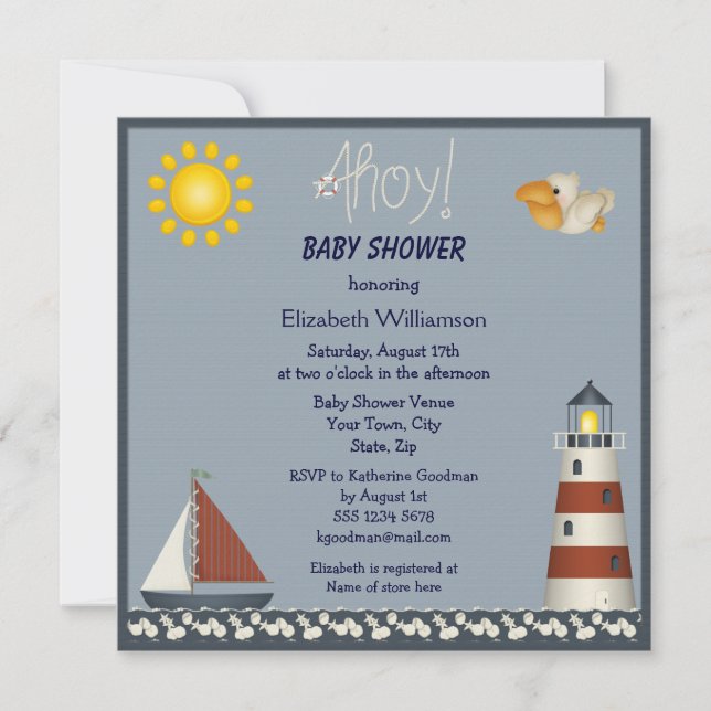 Invitación a Baby Shower de faro náutico (Anverso)
