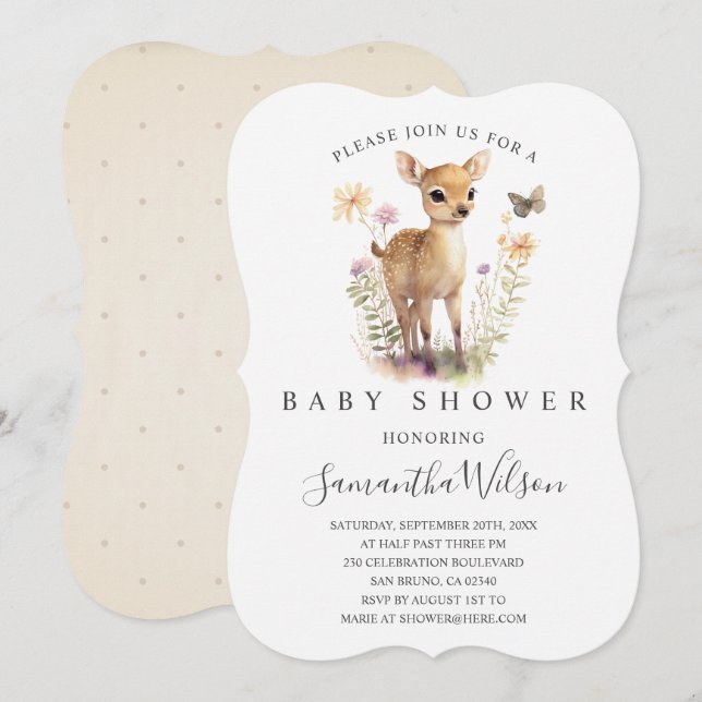 Invitación a Baby Shower de Fawn Baby Fawn (Anverso / Reverso)