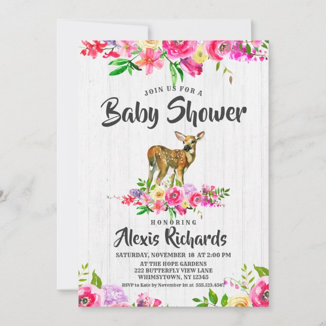 Invitación a Baby Shower de Fawn Watercolor Floral (Anverso)