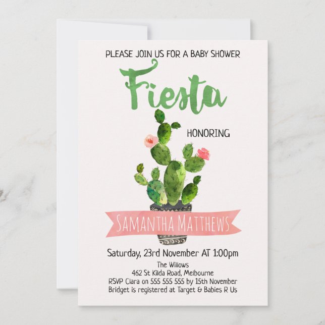Invitación a Baby Shower de Fiesta Cactus (Anverso)