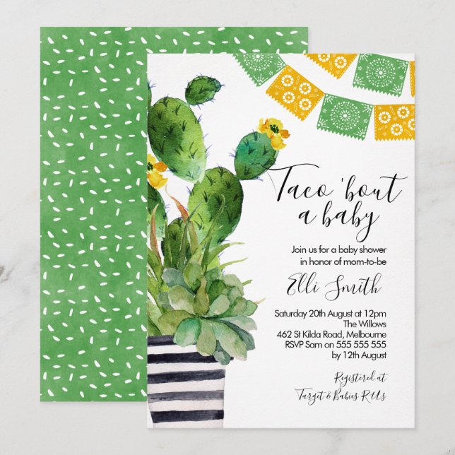 Invitación a Baby Shower de Fiesta Cactus Taco (Anverso / Reverso)