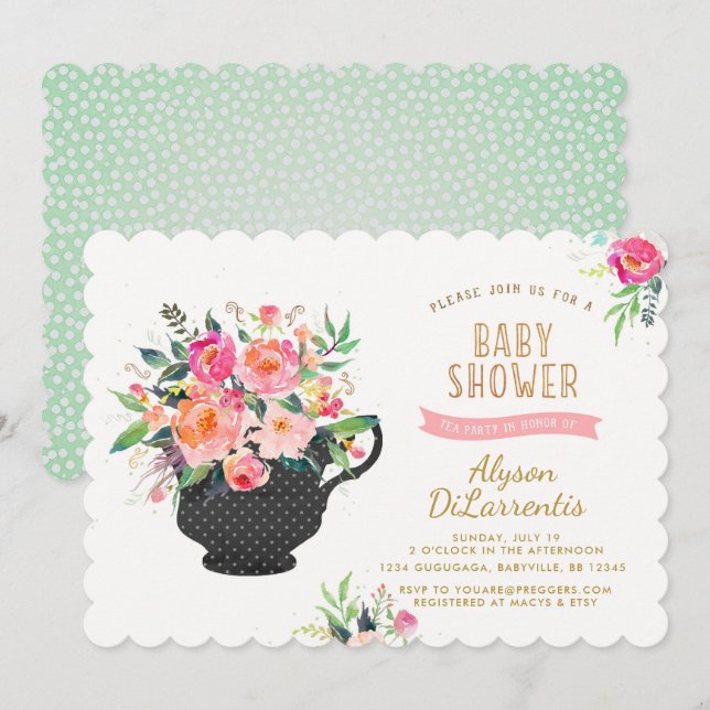 Invitación a Baby Shower de Fiesta de té (Anverso / Reverso)