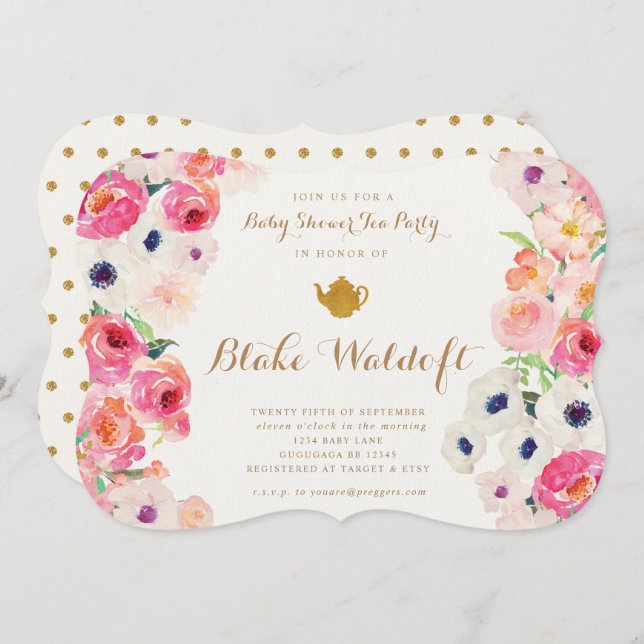 Invitación a Baby Shower de Fiesta de té con flore (Anverso / Reverso)