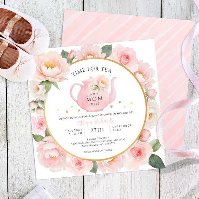 Invitación a Baby Shower de Fiesta de té floral ac (Time for te with mom to be baby shower)