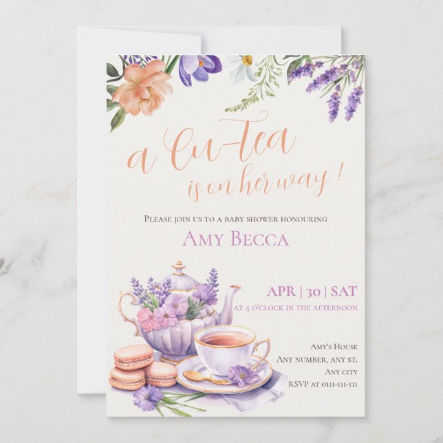 Invitación a Baby Shower de Fiesta de té | Púrpura (Anverso)